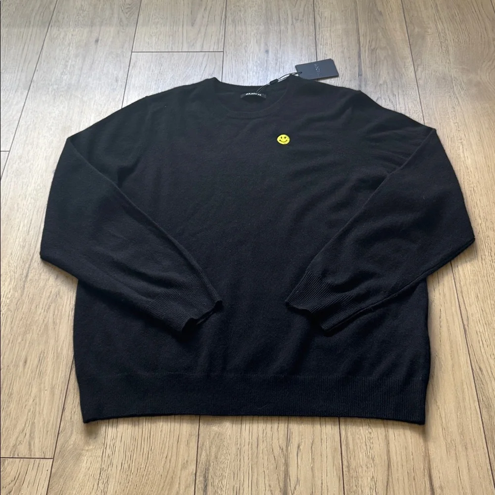 NWT NAADAM Yellow Smiley Face 100% Cashmere Black Crewneck Sweater Men’s 2XL